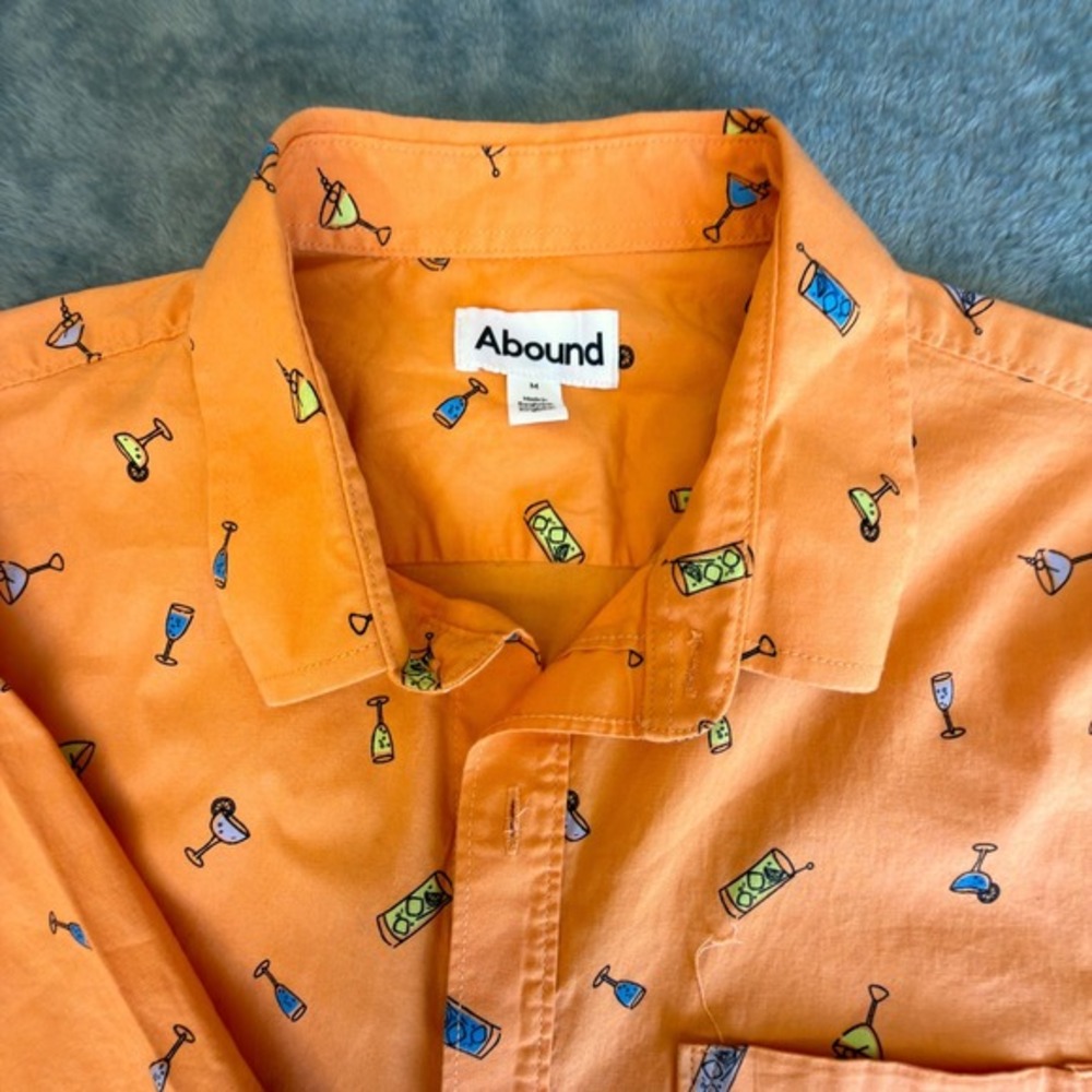 Abound Mens Short Sleeve‎ Button Down Shirt Orange Cocktail Print Size M Stretch